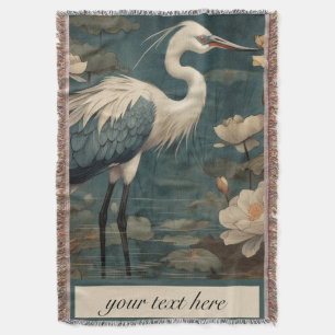 Vintage botanical scene blue crane customizable throw blanket