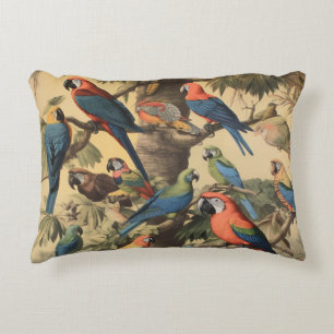 Vintage botanical scene colourful parrots in a tre accent pillow