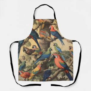 Vintage botanical scene colourful parrots in a tre apron