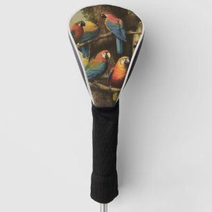 Vintage botanical scene colourful parrots in a tre golf head cover