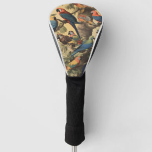 Vintage botanical scene colourful parrots in a tre golf head cover