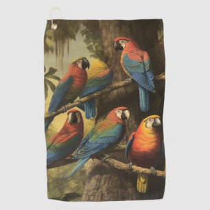 Vintage botanical scene colourful parrots in a tre golf towel