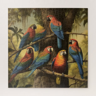 Vintage botanical scene colourful parrots in a tre jigsaw puzzle
