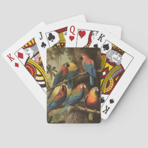 Vintage botanical scene colourful parrots in a tre playing cards