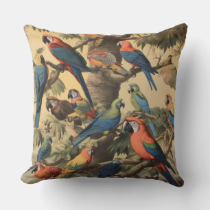 Vintage botanical scene colourful parrots in a tre throw pillow