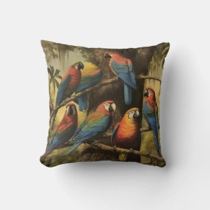 Vintage botanical scene colourful parrots in a tre throw pillow