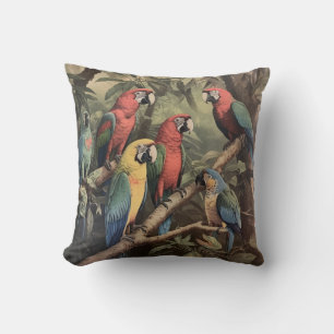 Vintage botanical scene colourful parrots in a tre throw pillow