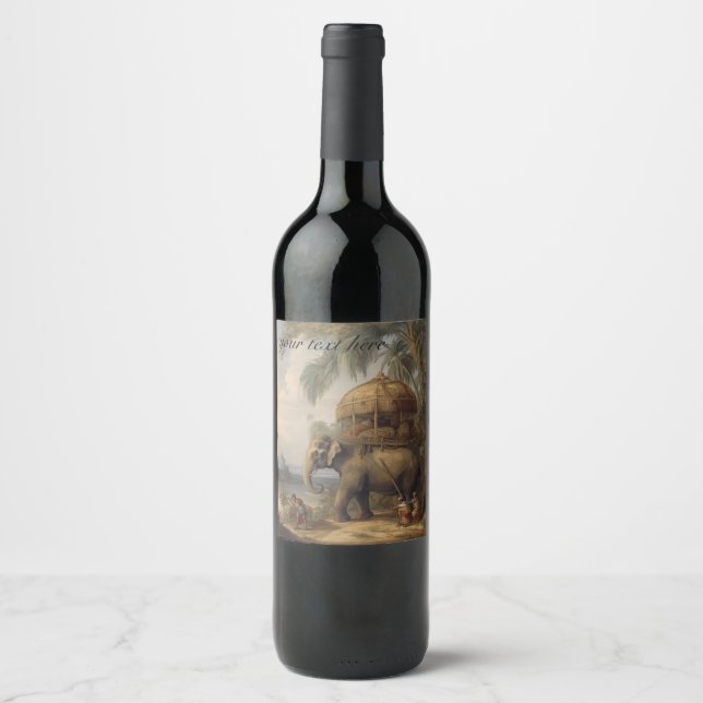 Vintage botanical scene elephant  customizable wine label (Front)