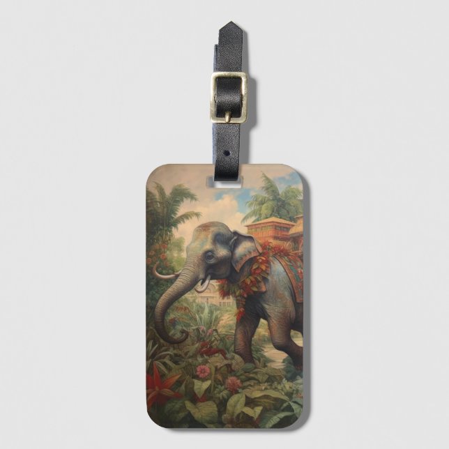 Vintage botanical scene elephant with howdah   luggage tag (Front Vertical)