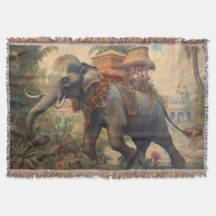 Vintage botanical scene elephant with howdah   throw blanket