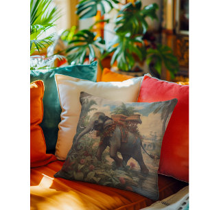 Vintage botanical scene elephant with howdah   throw pillow