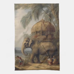 Vintage botanical scene elephant with howdah too  kitchen towel