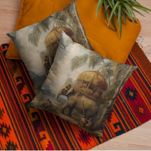 Vintage botanical scene elephant with howdah too throw pillow