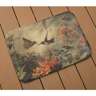 Vintage botanical scene hummingbirds and flowers bath mat