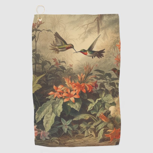 Vintage botanical scene hummingbirds and flowers golf towel (Front)