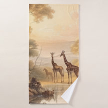Vintage botanical scene of giraffes by the river