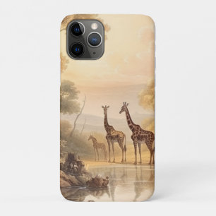 Vintage botanical scene of giraffes by the river iPhone 11 pro case
