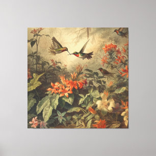 Vintage botanical scene of hummingbirdsand flowers canvas print
