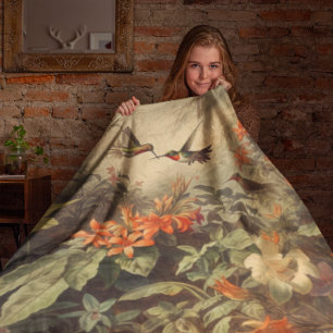 Vintage botanical scene of hummingbirdsand flowers fleece blanket