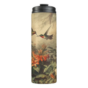 Vintage botanical scene of hummingbirdsand flowers thermal tumbler
