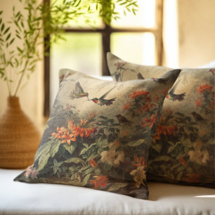 Vintage botanical scene of hummingbirdsand flowers throw pillow