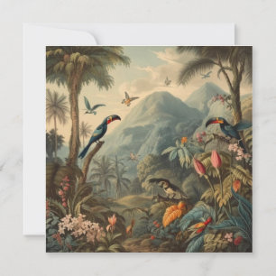 Vintage botanical scene of parrots and flowers