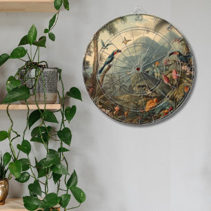 Vintage botanical scene of parrots and flowers dartboard