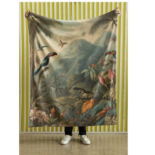 Vintage botanical scene of parrots and flowers fleece blanket
