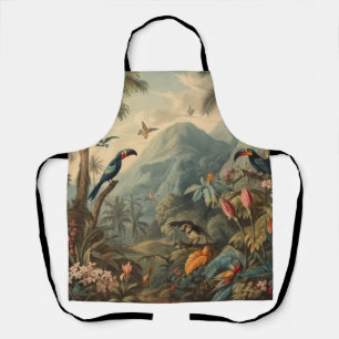 Vintage botanical scene of toucans and flowers apron