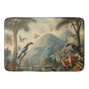 Vintage botanical scene of toucans and flowers bath mat
