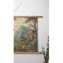 Vintage botanical scene of toucans and flowers