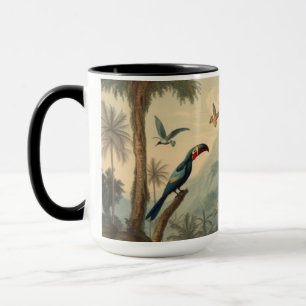 Vintage botanical scene of toucans and flowers mug