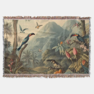 Vintage botanical scene of Toucans and flowers Throw Blanket