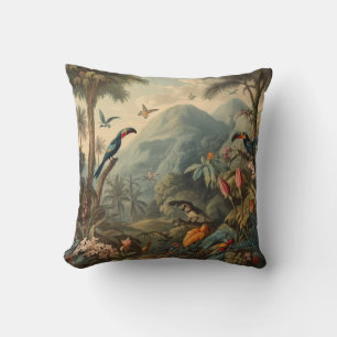 Vintage botanical scene of Toucans and flowers Throw Pillow