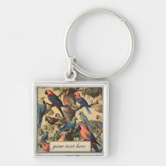 Vintage botanical scene parrots customizable  keychain (Front)