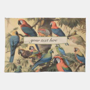 Vintage botanical scene parrots customizable  kitchen towel