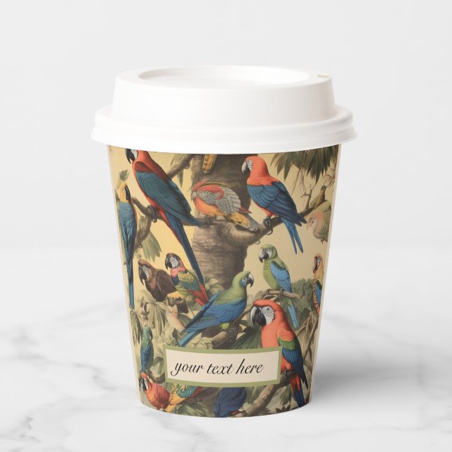 Vintage botanical scene parrots customizable  paper cups (Front)
