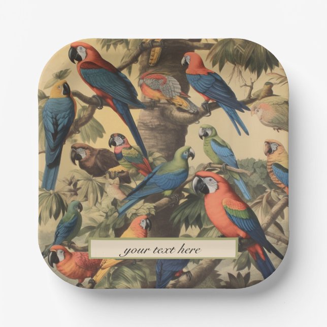 Vintage botanical scene parrots customizable  paper plate (Front)