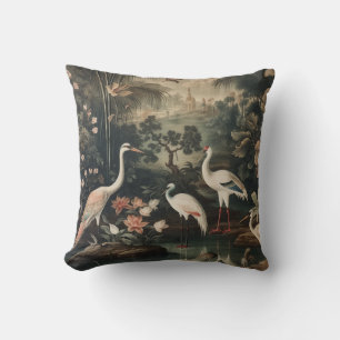 Vintage botanical scene white bird and palace throw pillow