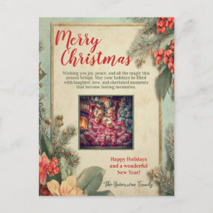 Vintage Botanical Seasons Greetings Family Photo C Holiday Postcard