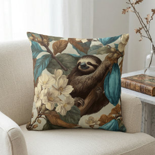 Vintage Botanical Sloth Teal Brown Tropical Floral Throw Pillow