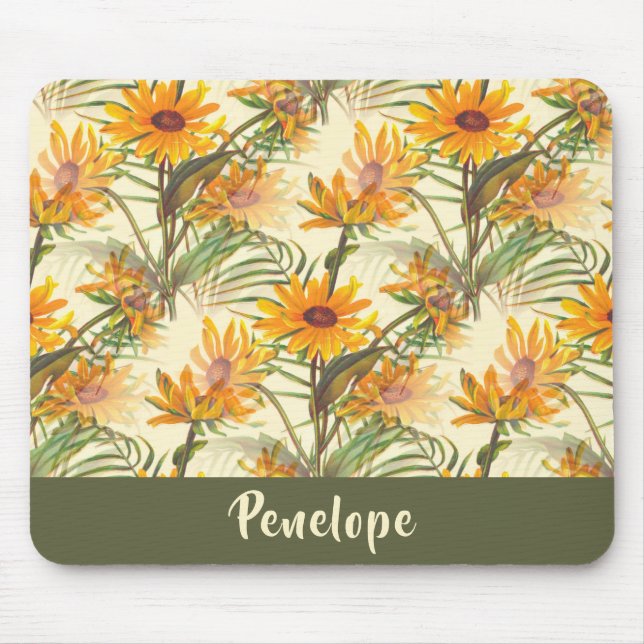 Vintage Botanical Sunflowers Pattern With Name Mouse Pad (Front)