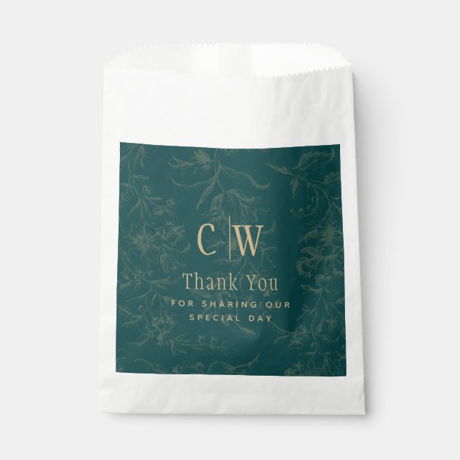 Vintage BOTANICAL TEAL GOLD Wedding Favour Bag (Front)
