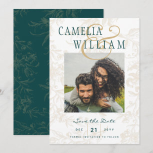 Vintage BOTANICAL TEAL GOLD Wedding Save the Date Invitation