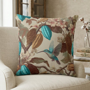 Vintage Botanical Turquoise Cacao Hummingbird Throw Pillow