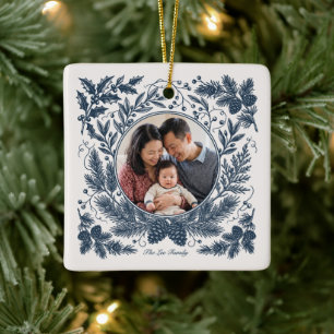 Vintage Botanical Two Photo Family - Navy Ceramic Ornament