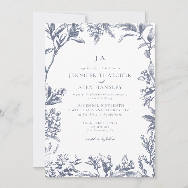 Vintage Botanical Wedding Invitation (Front)