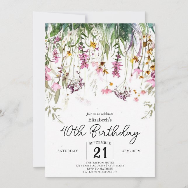 Vintage Botanical Wildflowers 40th birthday Invitation (Front)