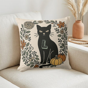 Vintage Botanicals Black Cat Monogram Fall Colours Throw Pillow