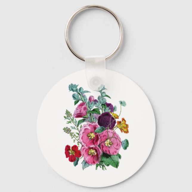 Vintage Botanicals Illustrations Hollyhocks Keychain (Front)